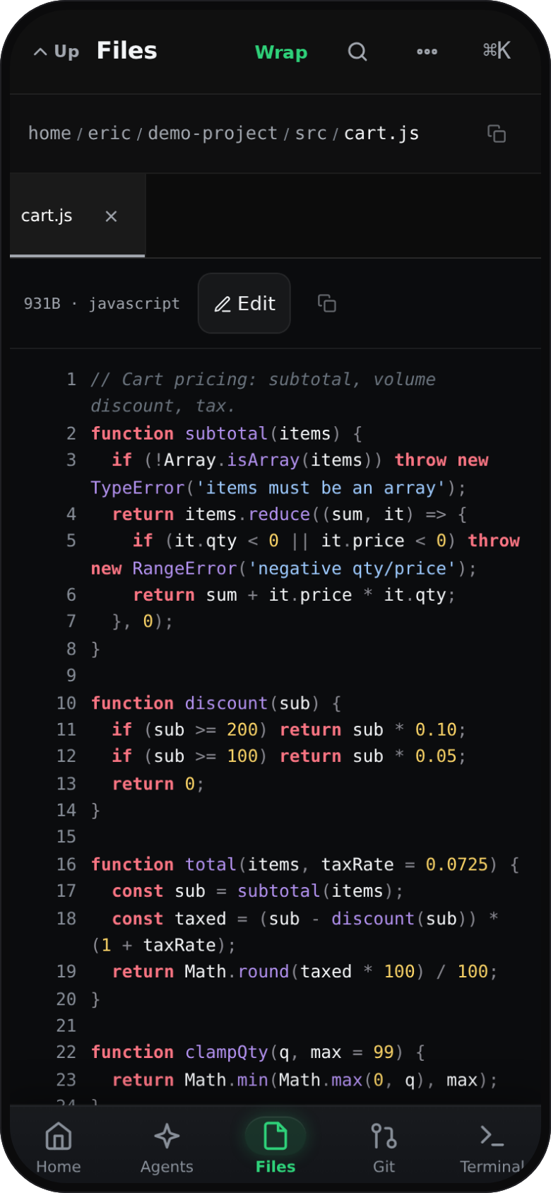 DevReins file browser showing cart.js with syntax highlighting and an Edit button