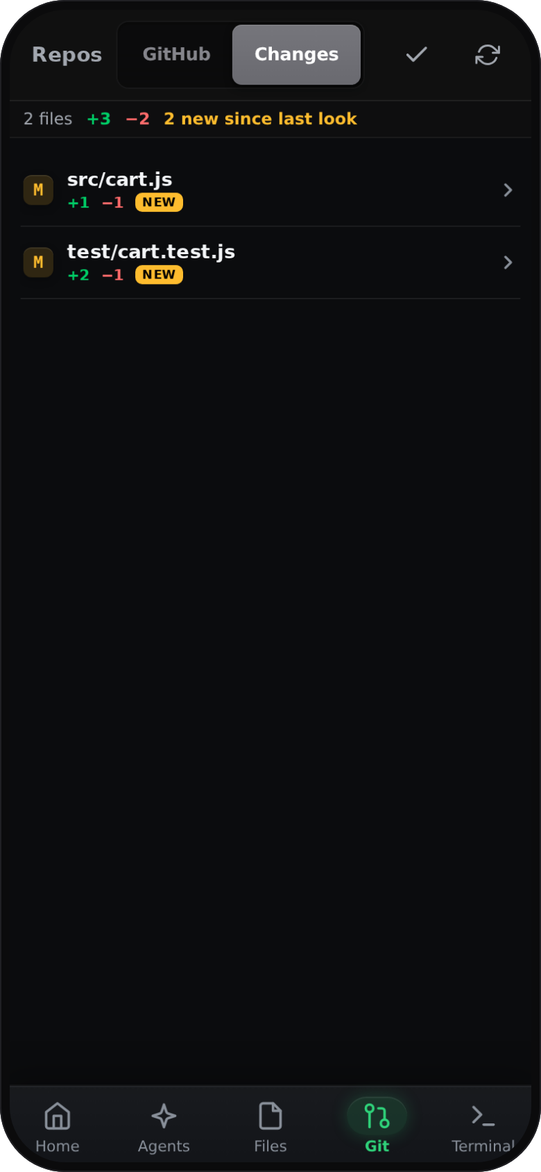 DevReins Changes view: the two files the agent touched, with added and removed line counts