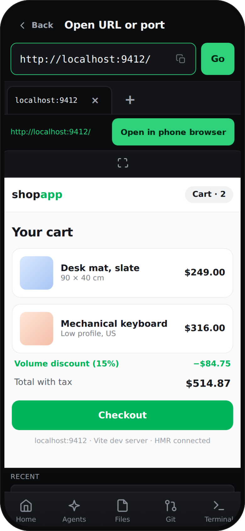 DevReins Open URL tile rendering the app running on localhost